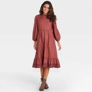Universal Threads Rust Burgundy Embroidered Prairie Cottagecore Dress High Neck